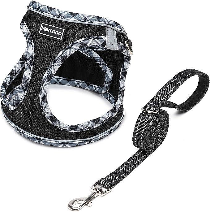 Mercano Soft Mesh Dog Harness and Leash Set, No-Chock Step-in Reflective Breathable Lightweight Easy Walk Escape Proof Vest Harnesses with Safety Buckle for Small Medium Dogs, Cats (Black White, M) - Awwal1